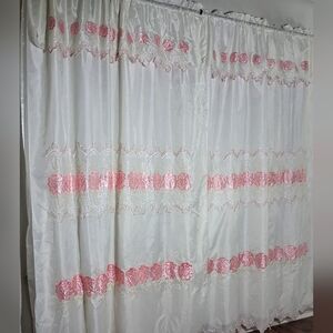 🌺 LOVELY! Vintage HTF Satin & Sheer Curtain Panels - Embroidered - 2 Layers